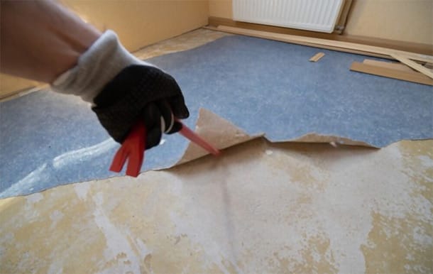 Always start by removing the center section of the vinyl flooring